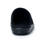 Black slip-on medical slipper with rubber sole, rear view on white background