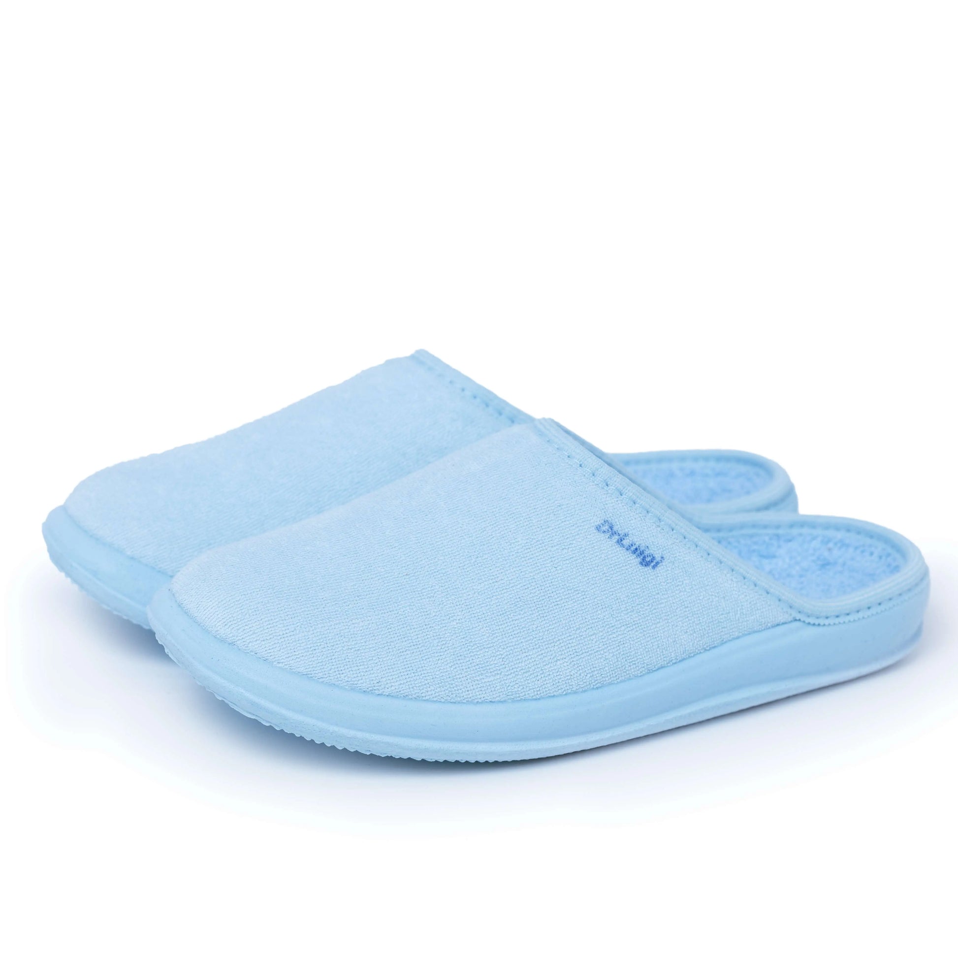 Light blue closed-toe hospital slippers with rubber soles on a white background