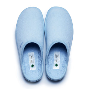 Light blue medical comfort slippers with soft interiors, closed toe, Dr. Luigi label visible