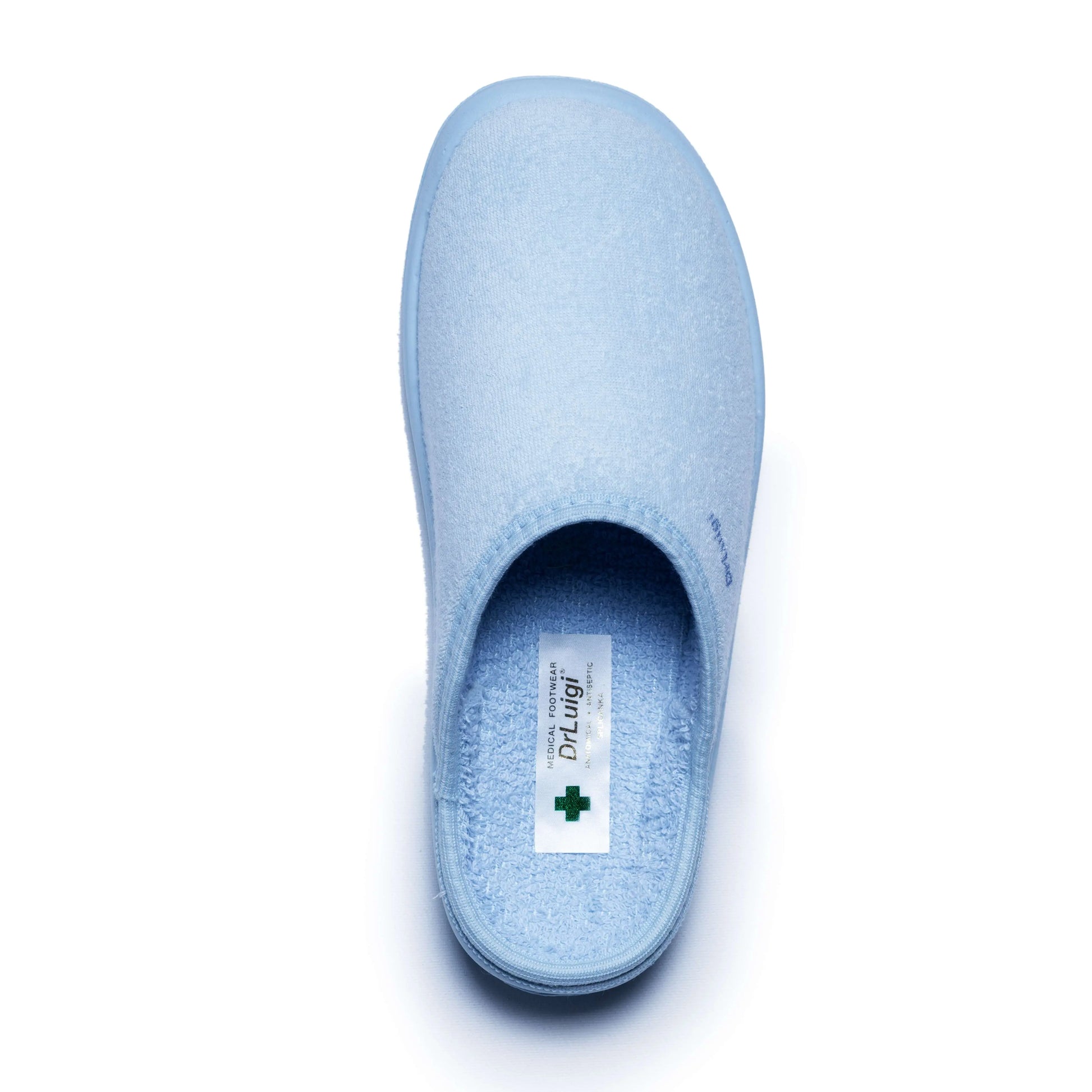 Light blue medical slipper with closed toe, soft fabric, labelled with Dr Luigi, on white background