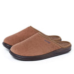 Pair of brown closed-toe slip-on slippers with rubber soles on white background