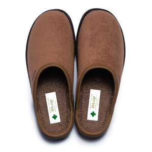 Pair of brown medical slippers with cushioned insoles on a white background