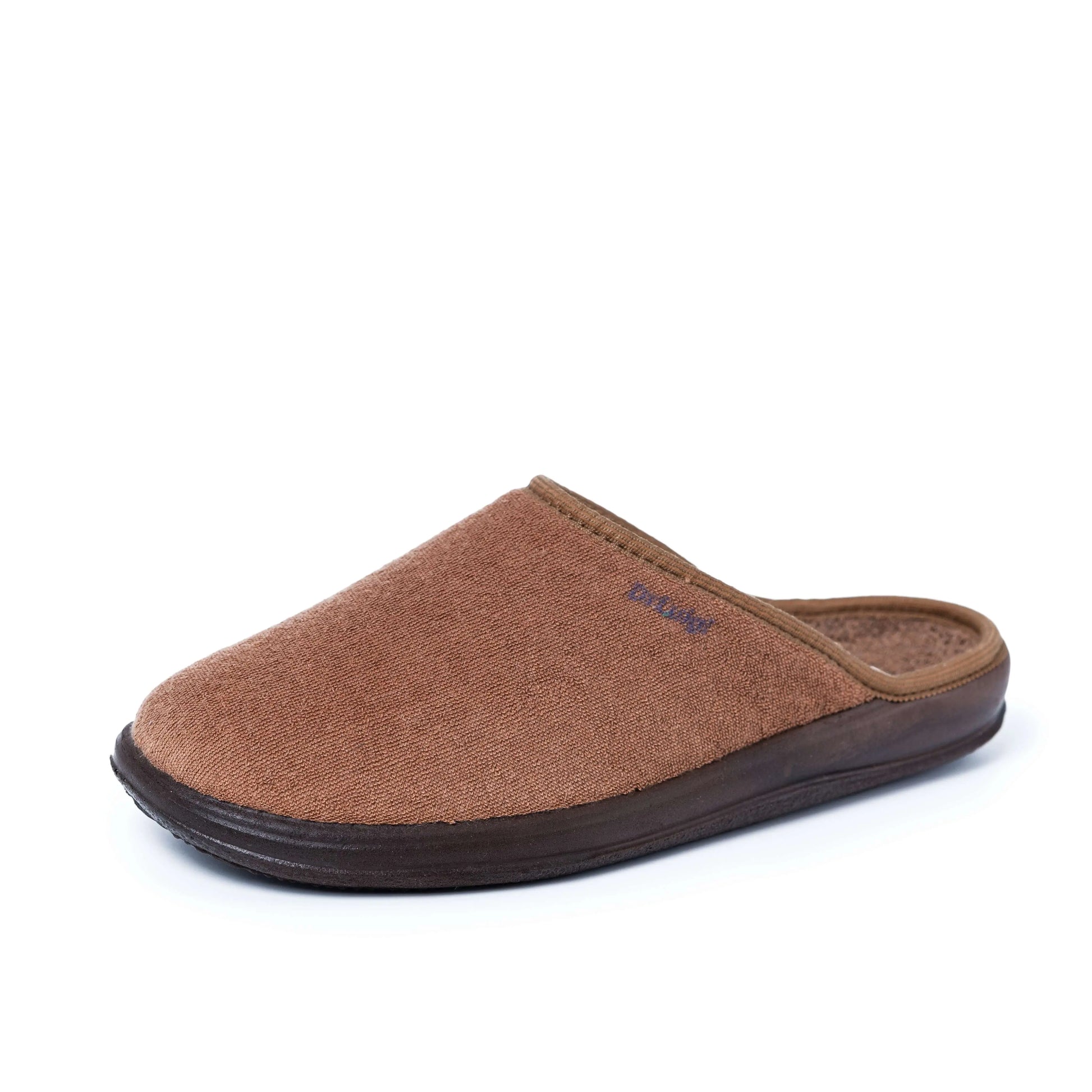 Brown closed toe slip-on slipper with soft fabric upper and cushioned sole on white background