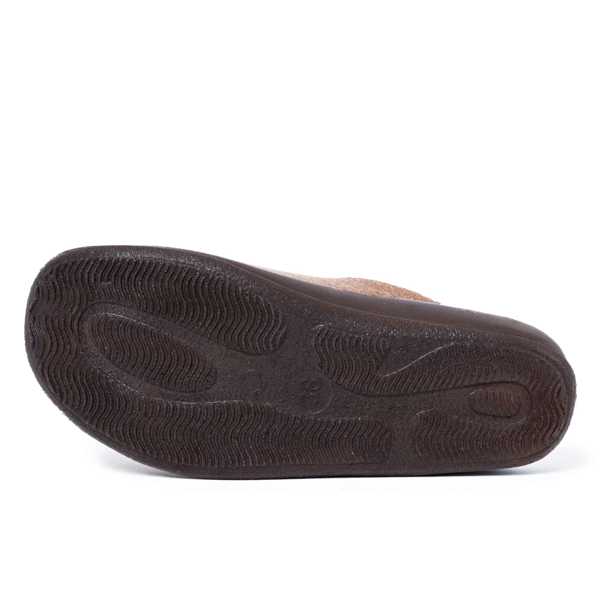 Non-slip brown rubber shoe sole with textured grip pattern on white background