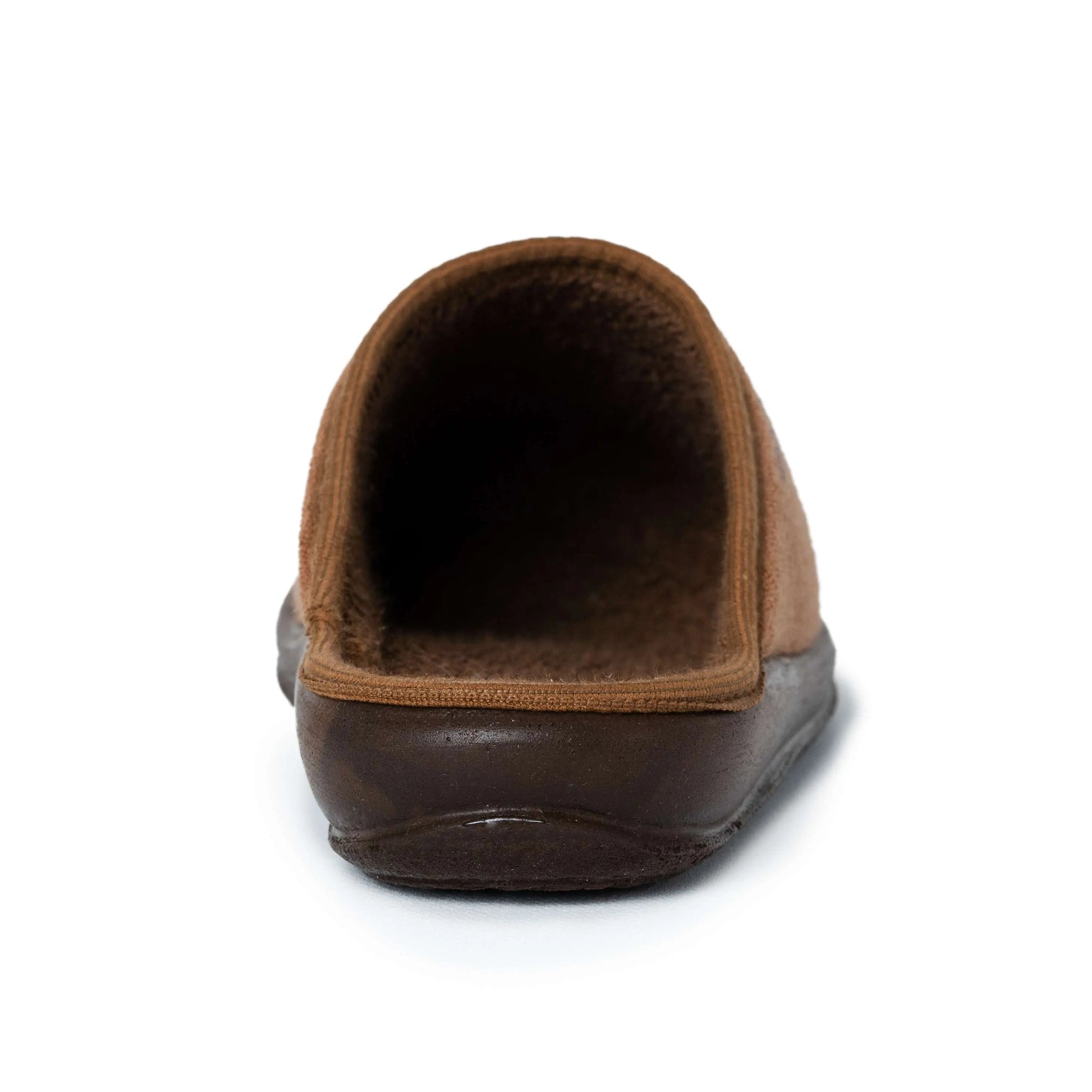 Brown slip-on slipper with soft lining and rubber sole, rear view on white background.