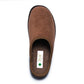 Brown medical comfort slipper with closed toe on white background, healthcare footwear