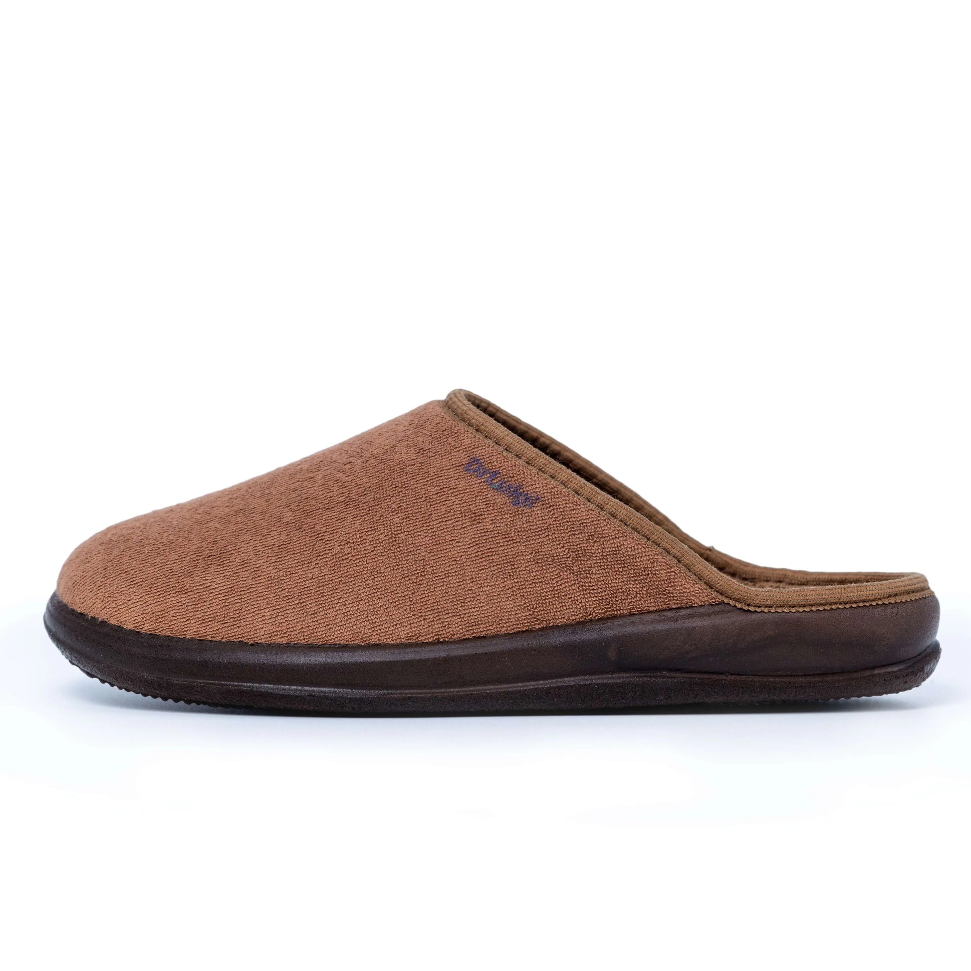Brown slip-on orthopedic slipper with closed toe and black sole, side profile view