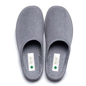 Pair of grey medical slippers with closed toe, slip-on design, and healthcare labels