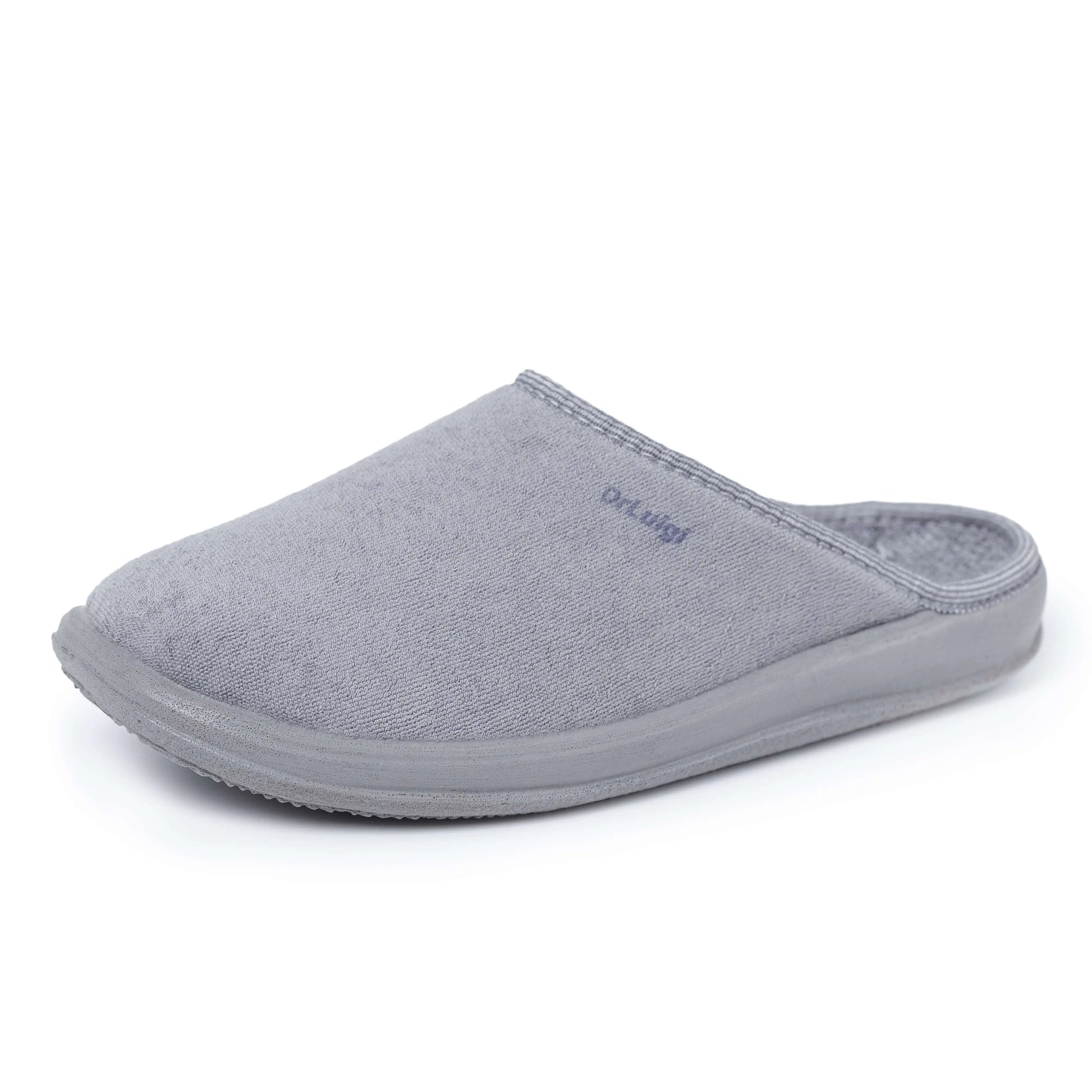 Grey medical slipper with comfort sole, side view on white background
