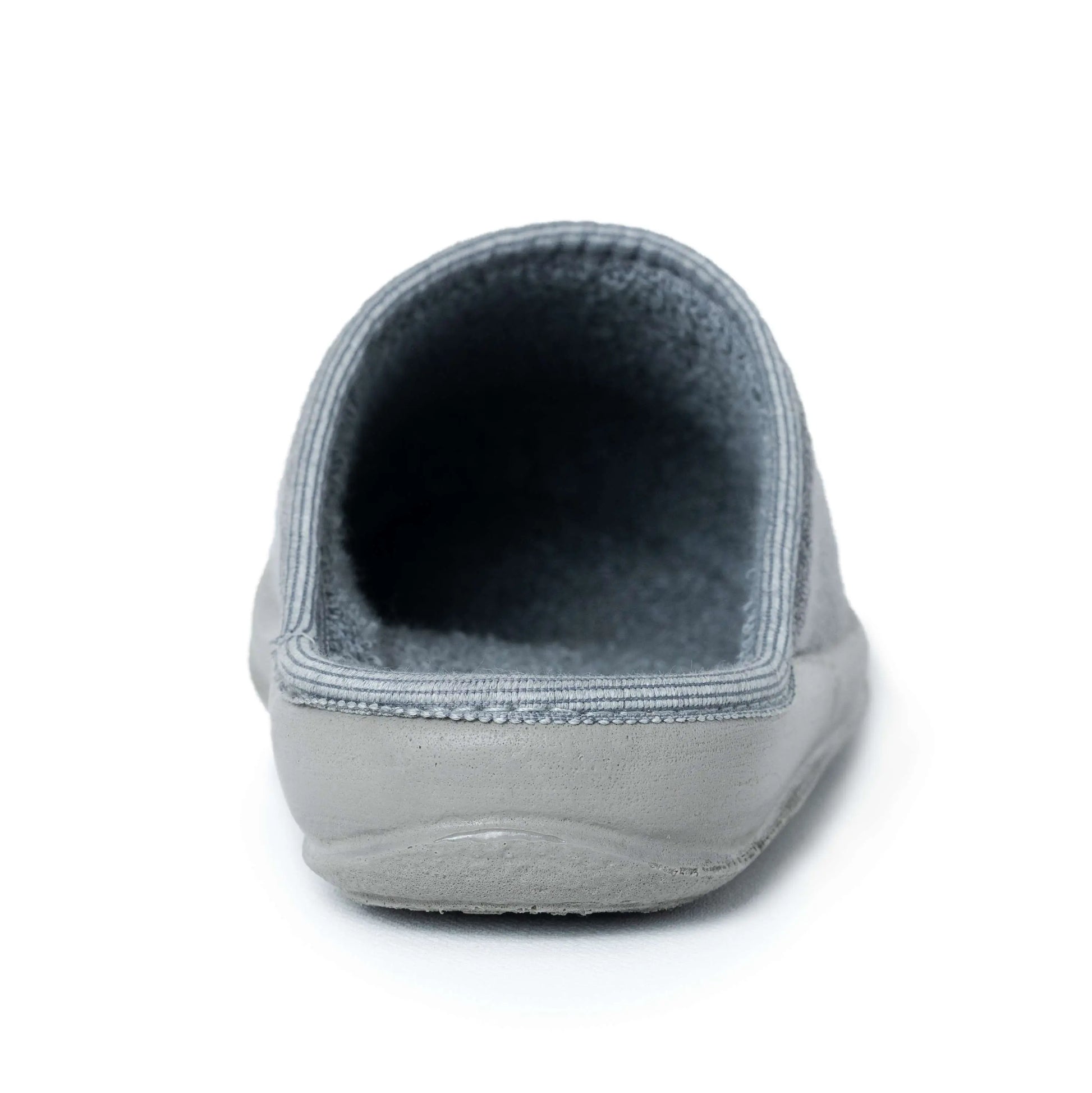 Front view of a grey open-back medical slipper with soft lining on white background