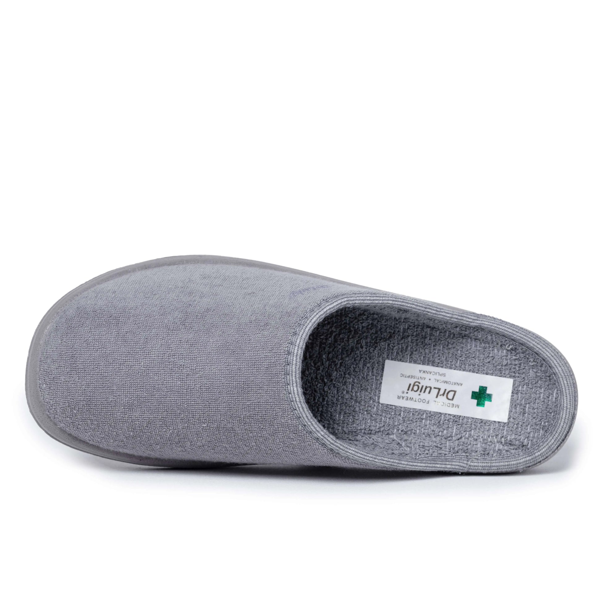 Grey slip-on medical slipper with soft fabric, ideal for hospital or healthcare use