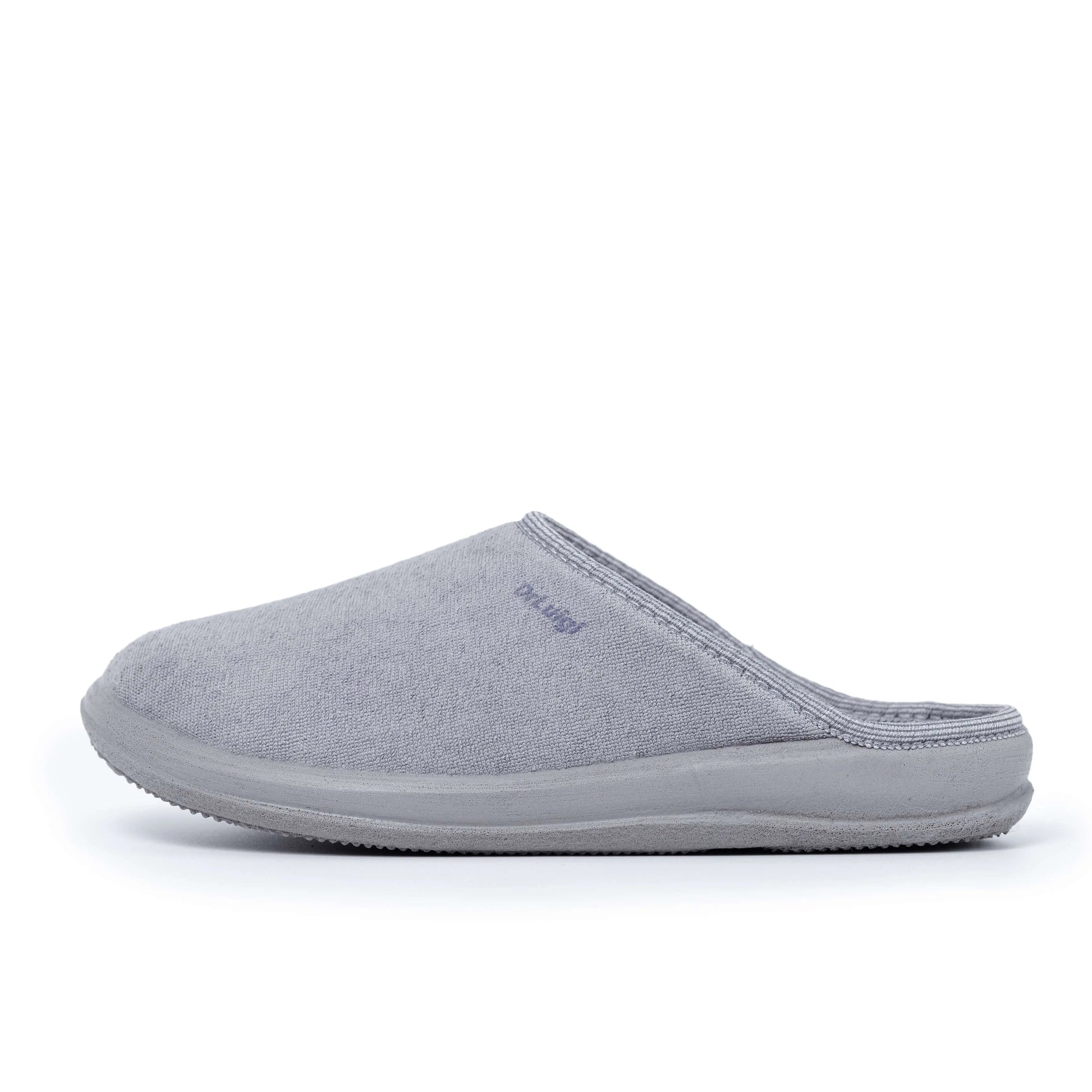 Grey closed toe medical slipper with non-slip sole on white background