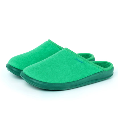 Pair of green closed-toe slippers with rubber soles on white background