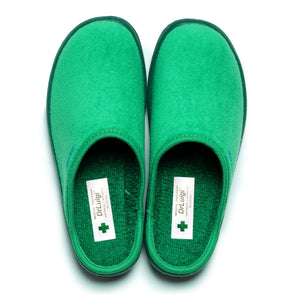 Green medical footwear slippers with soft sole for healthcare professionals on white background