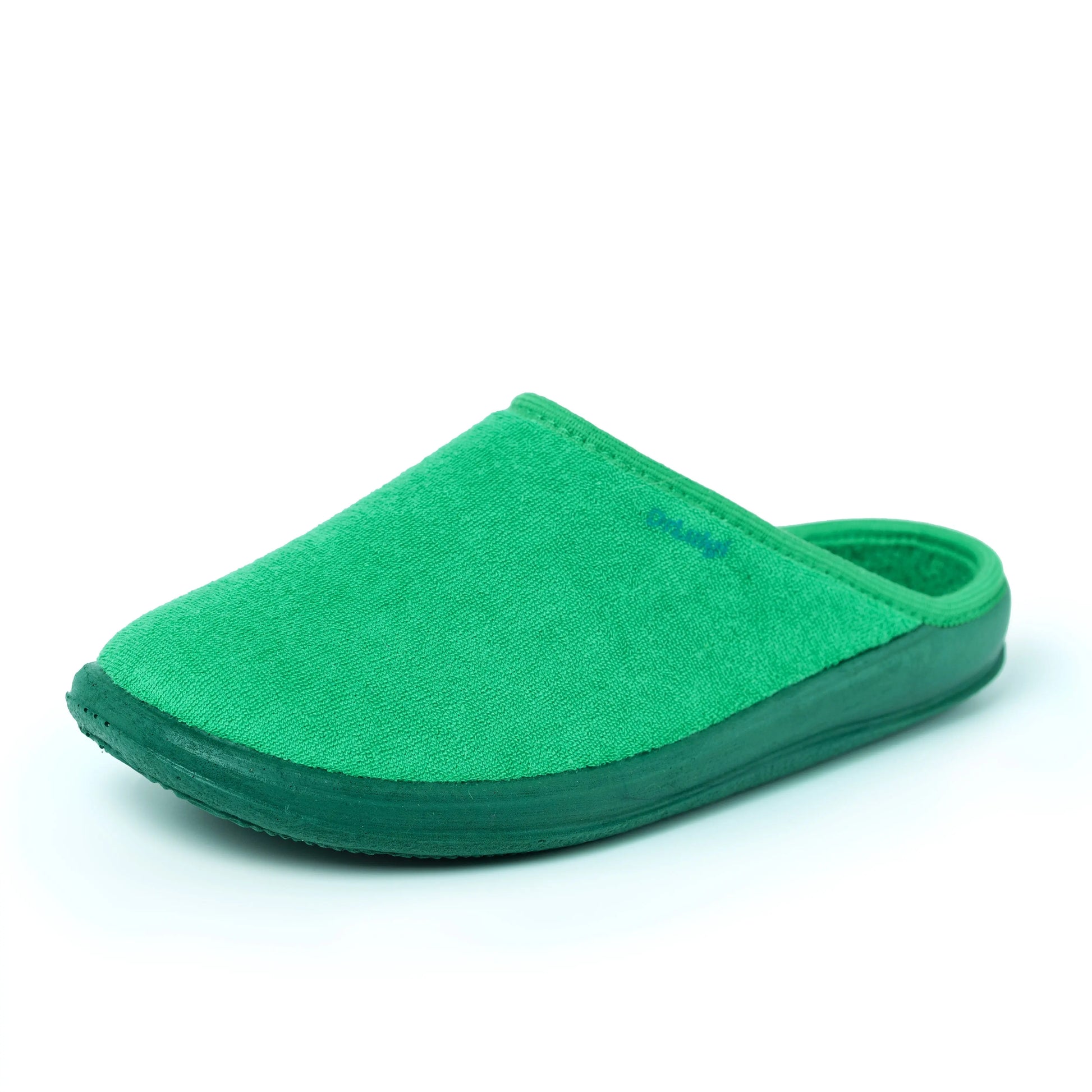 Green medical slipper with closed toe and slip-on design on white background
