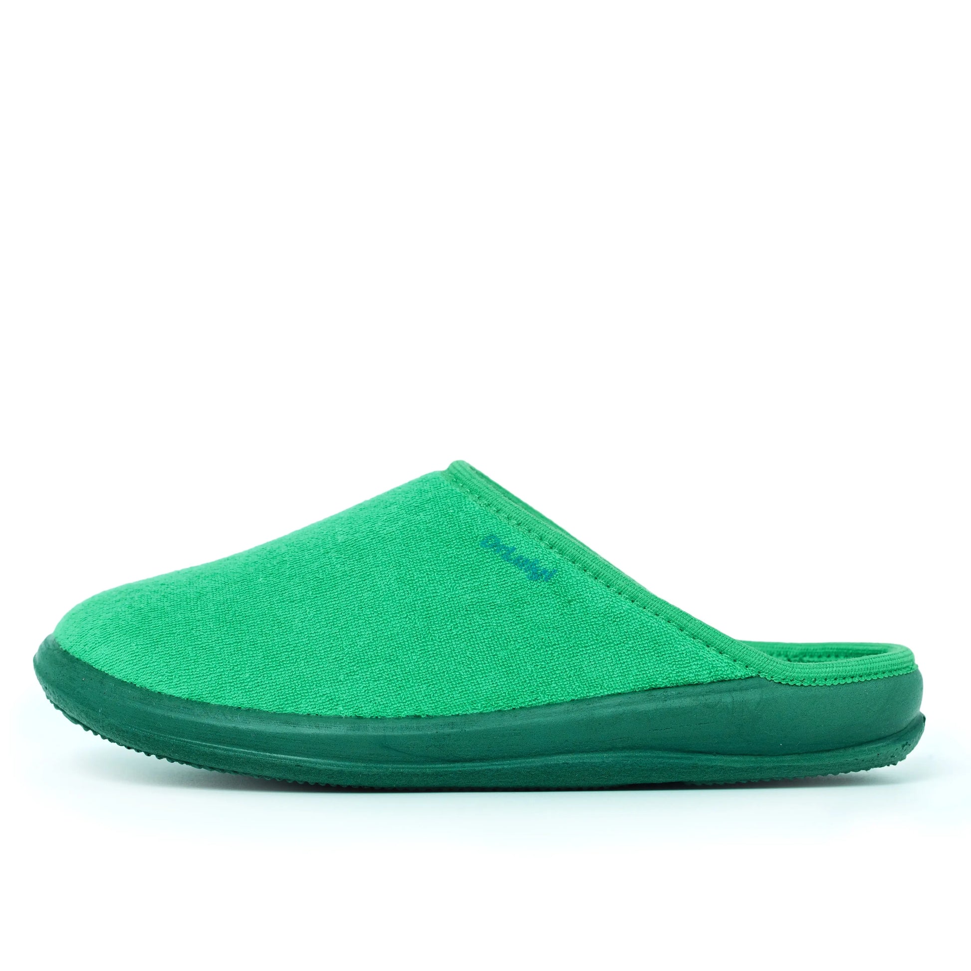 Green closed-toe medical slipper with cushioned sole, side view on white background