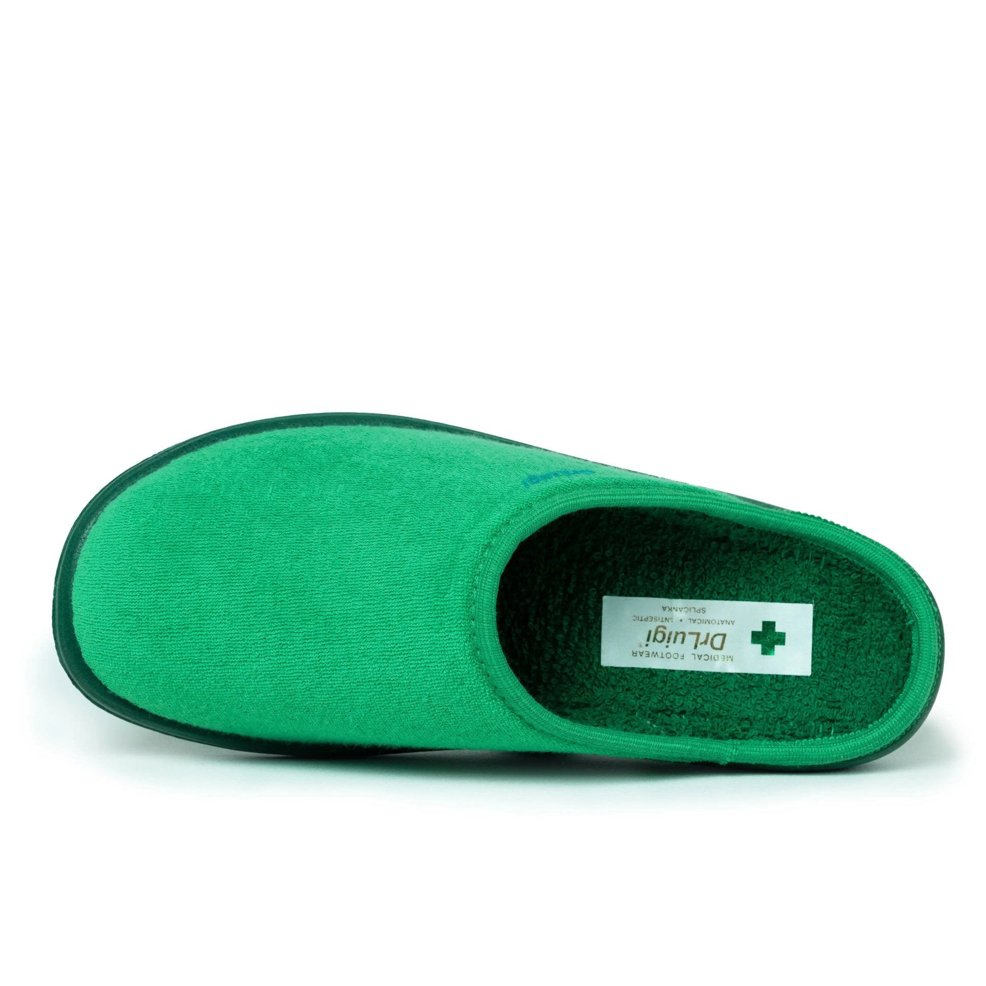 Green medical slipper with closed toe and soft fabric, suitable for hospital or healthcare use