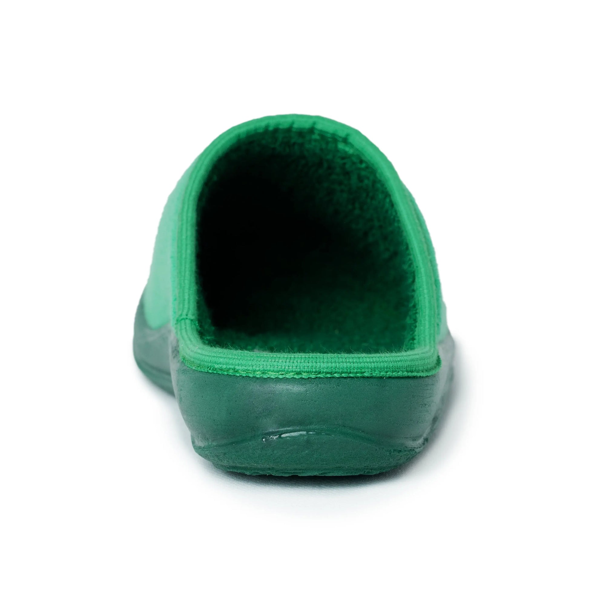 Green slip-on medical shoe with closed heel, viewed from the back on a white background