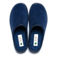 Pair of blue medical slippers with soft fabric and closed toes on white background