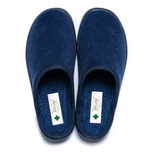 Pair of blue medical slippers with soft fabric and closed toes on white background