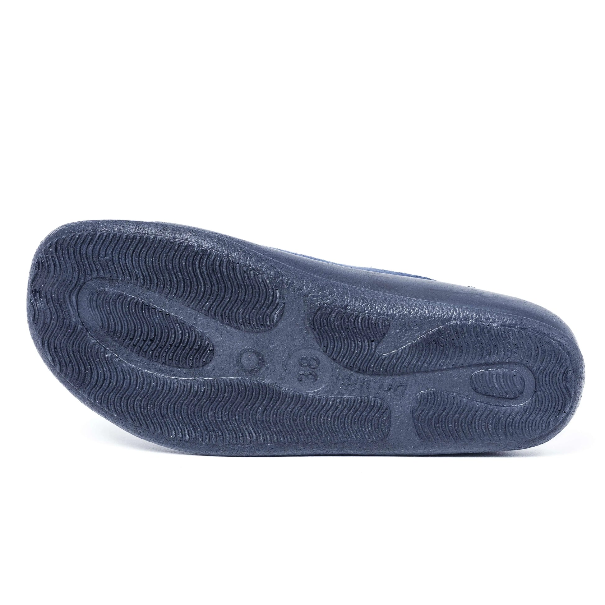 Navy blue non-slip medical shoe sole with textured grip, viewed from the bottom
