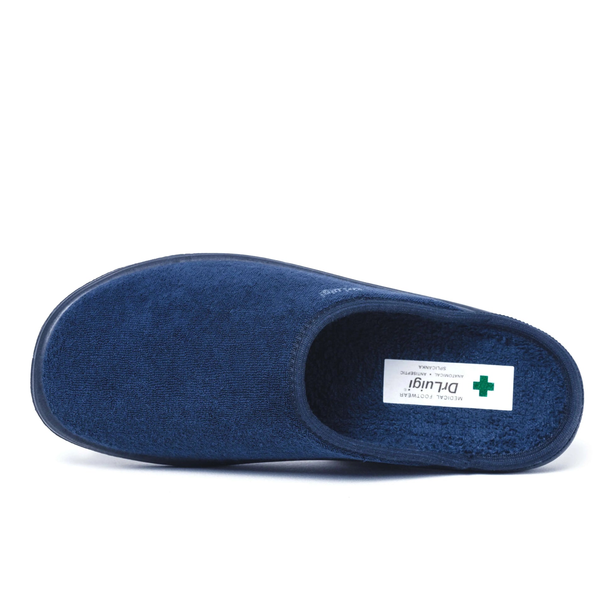 Navy blue medical slipper with slip-on design and antimicrobial label, top view