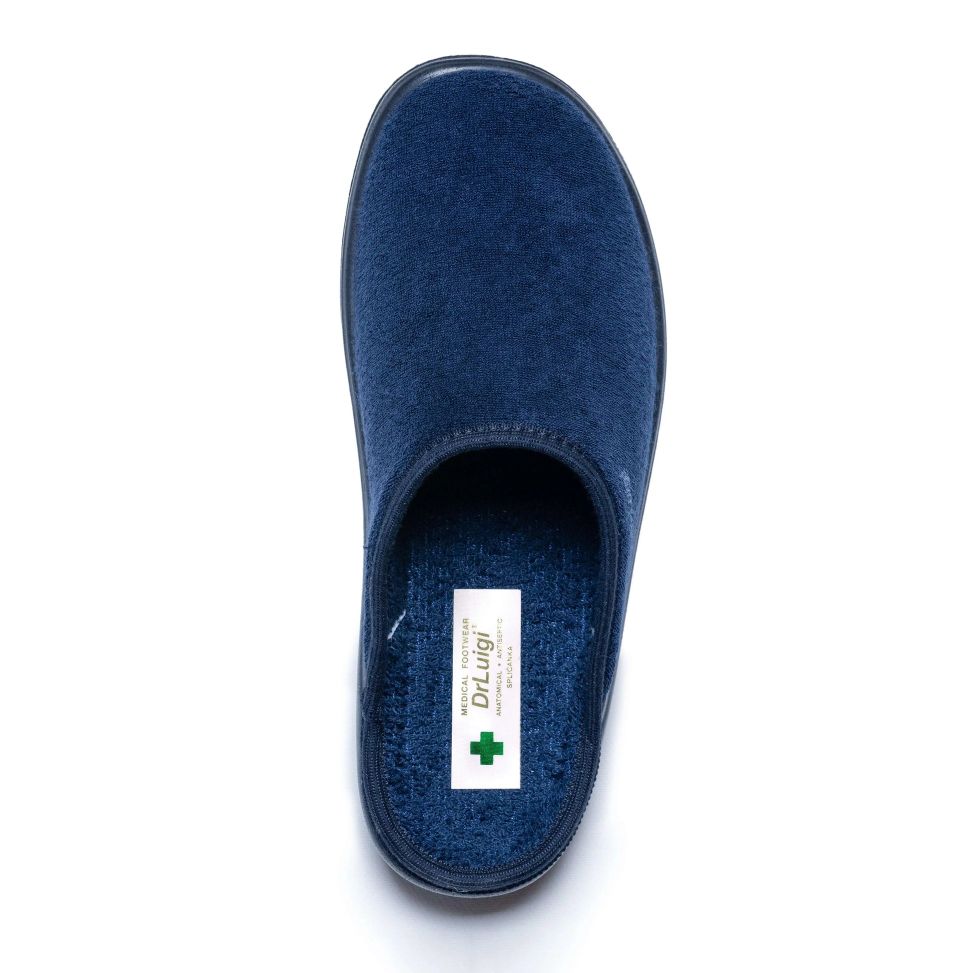 Top view of a navy blue medical slipper with cushioned sole, suitable for healthcare use