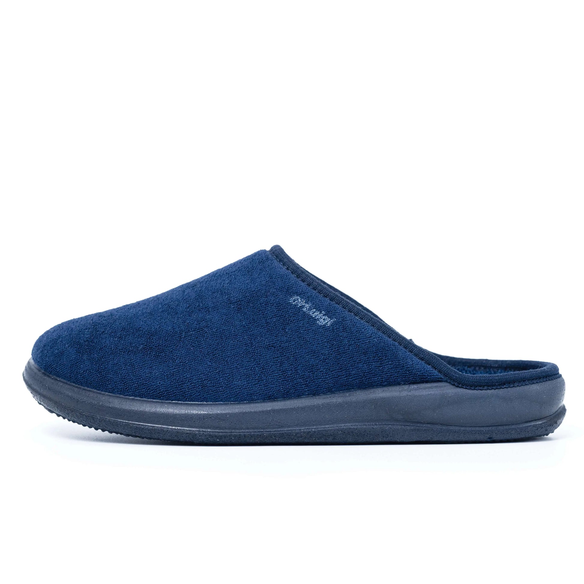 Navy blue comfort medical slipper with slip-on design and cushioned sole on white background