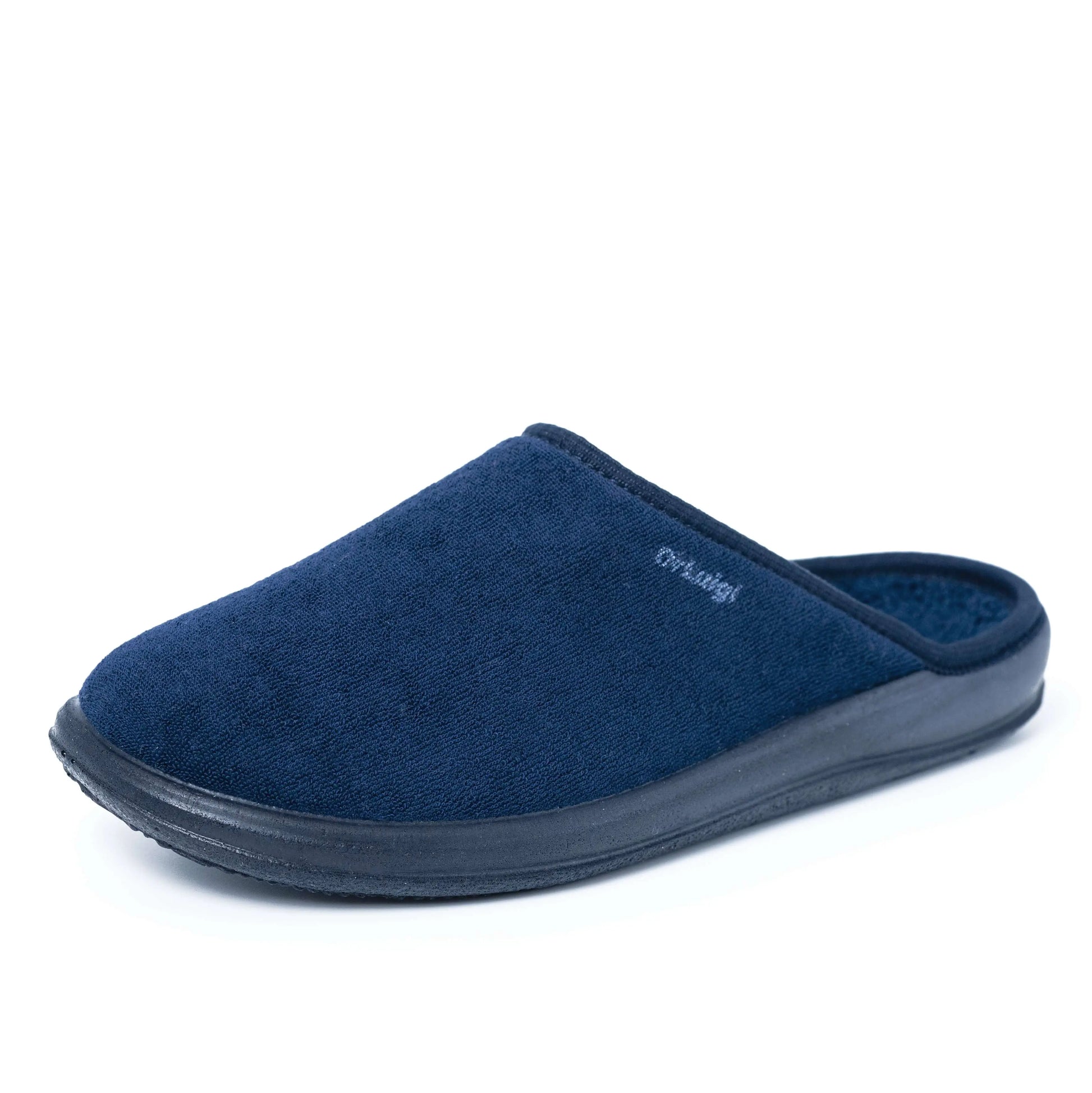 Navy blue orthopedic slipper with closed toe and black rubber sole, isolated on white background