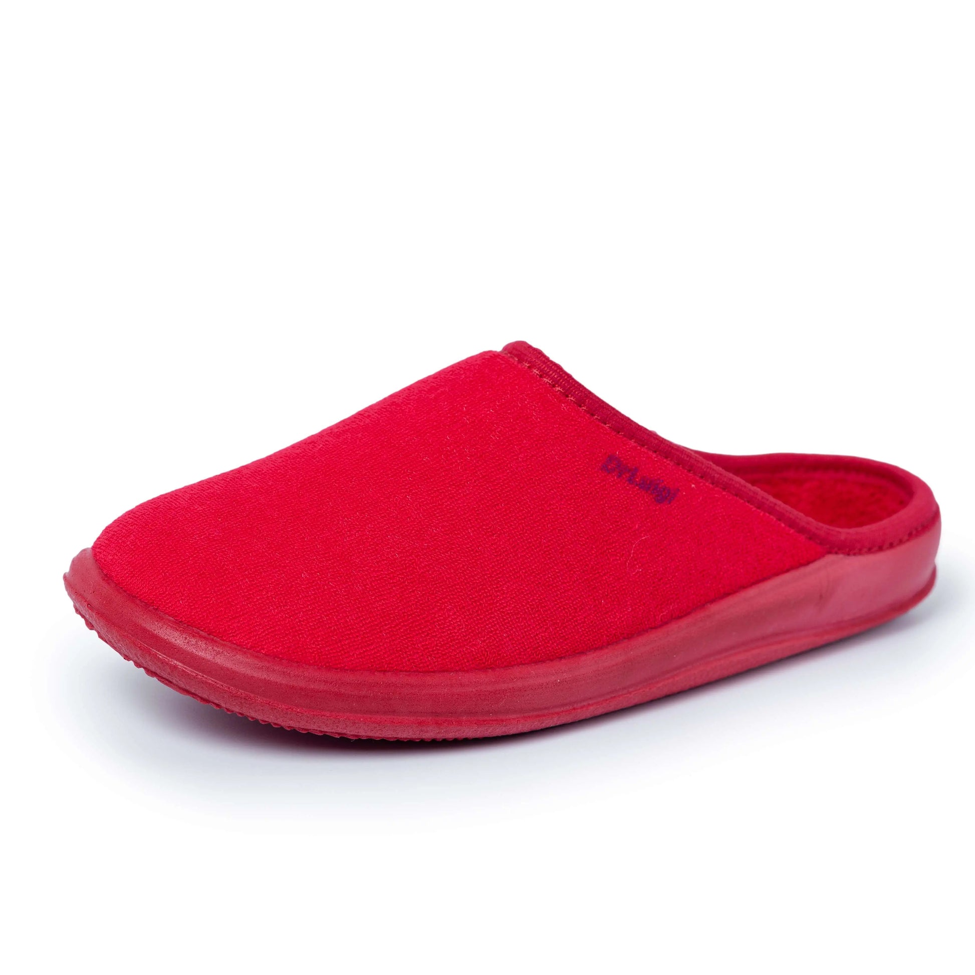 Red slip-on slipper with closed toe and rubber sole on white background