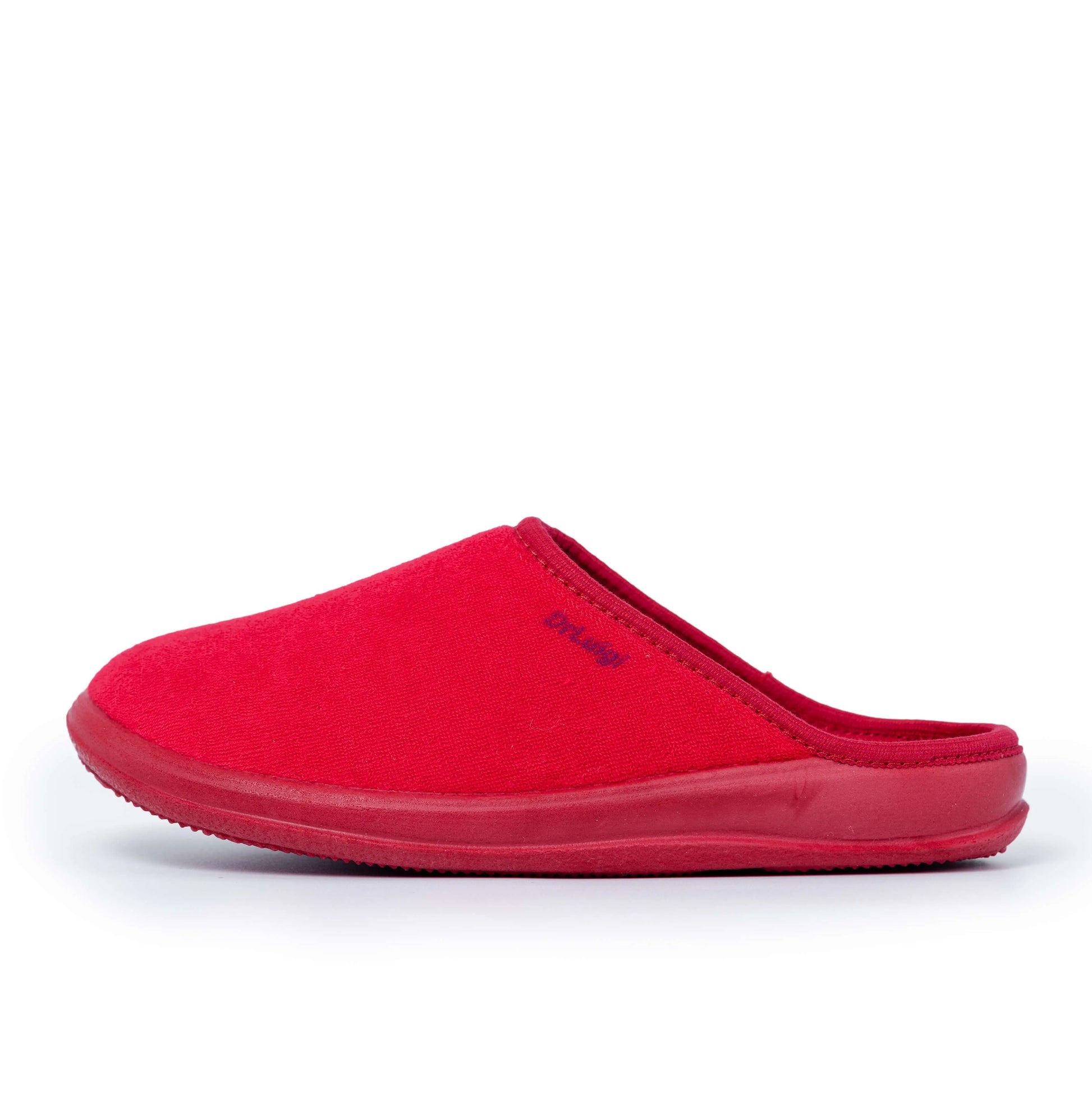 Red closed-toe medical slipper with rubber sole on white background