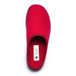 Red medical comfort slipper with label, top view, slip-on orthopedic footwear