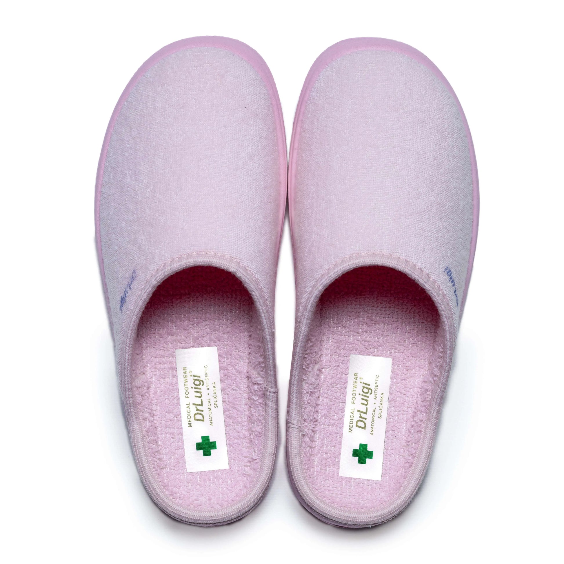 Pair of pink medical slippers with closed toes, soft fabric, and Dr. Luigi label visible inside