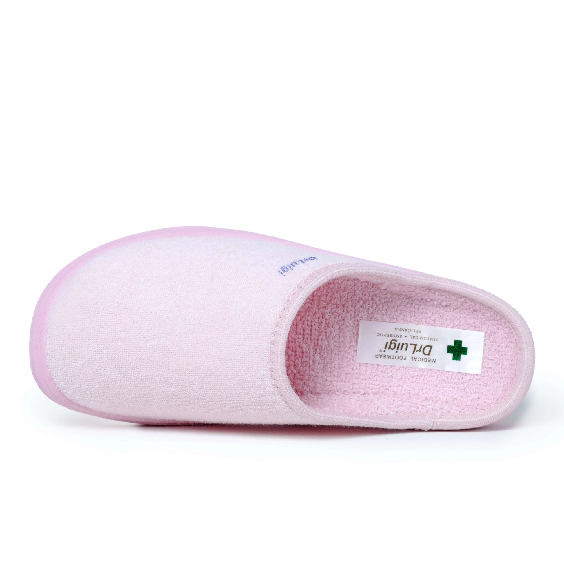 Light pink medical slipper for hospital or healthcare use, soft terry fabric, top view