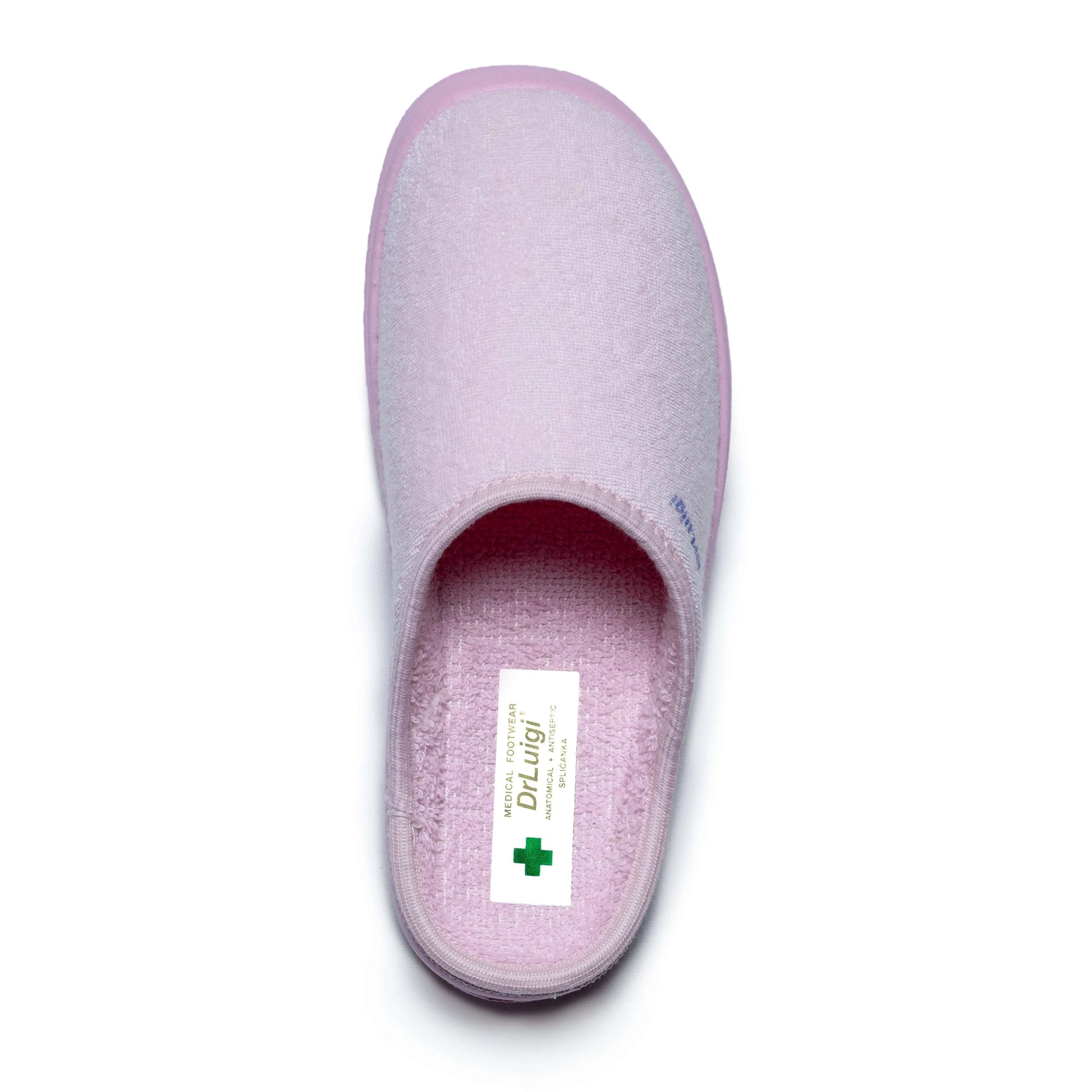 Pink medical slipper for adults with soft fabric and non-slip sole, top view