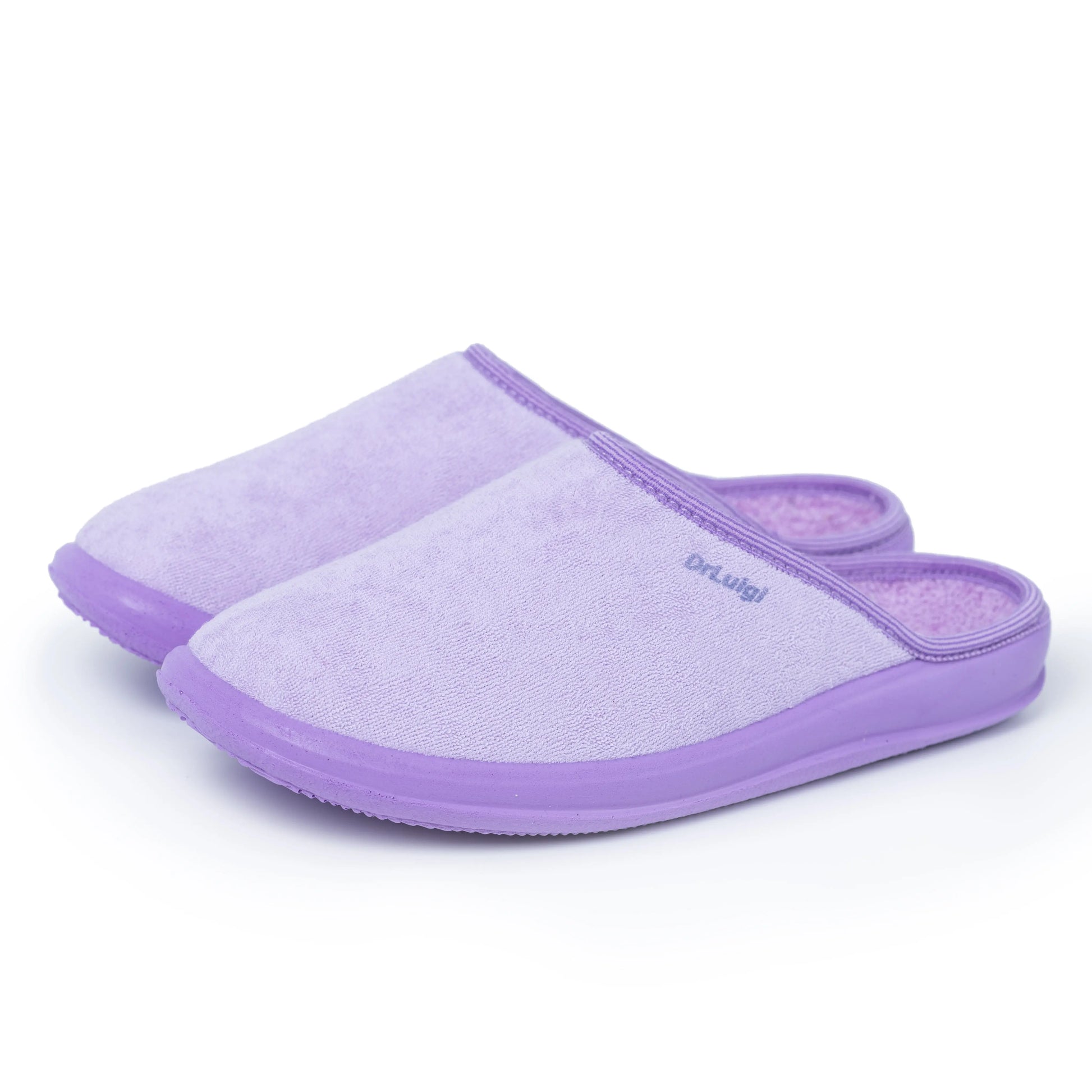Light purple medical comfort slippers with closed toe and soft sole on white background