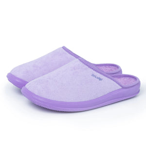 Light purple medical comfort slippers with closed toe and soft sole on white background