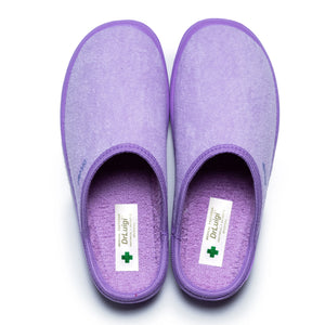 Pair of purple medical slippers with closed toe, labeled 'Dr. Luigi', on white background