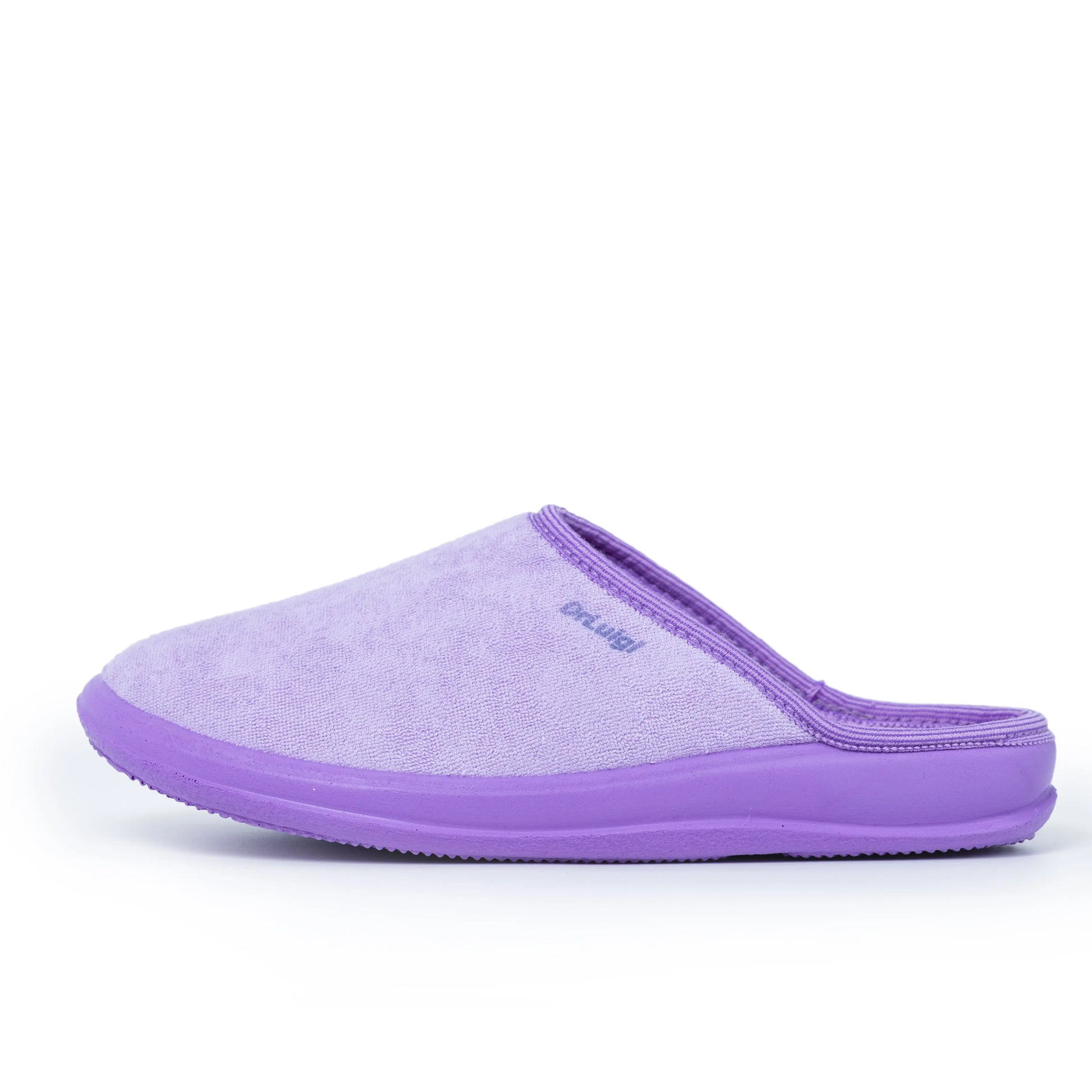 Purple terry fabric slip-on medical slipper with closed toe and cushioned sole
