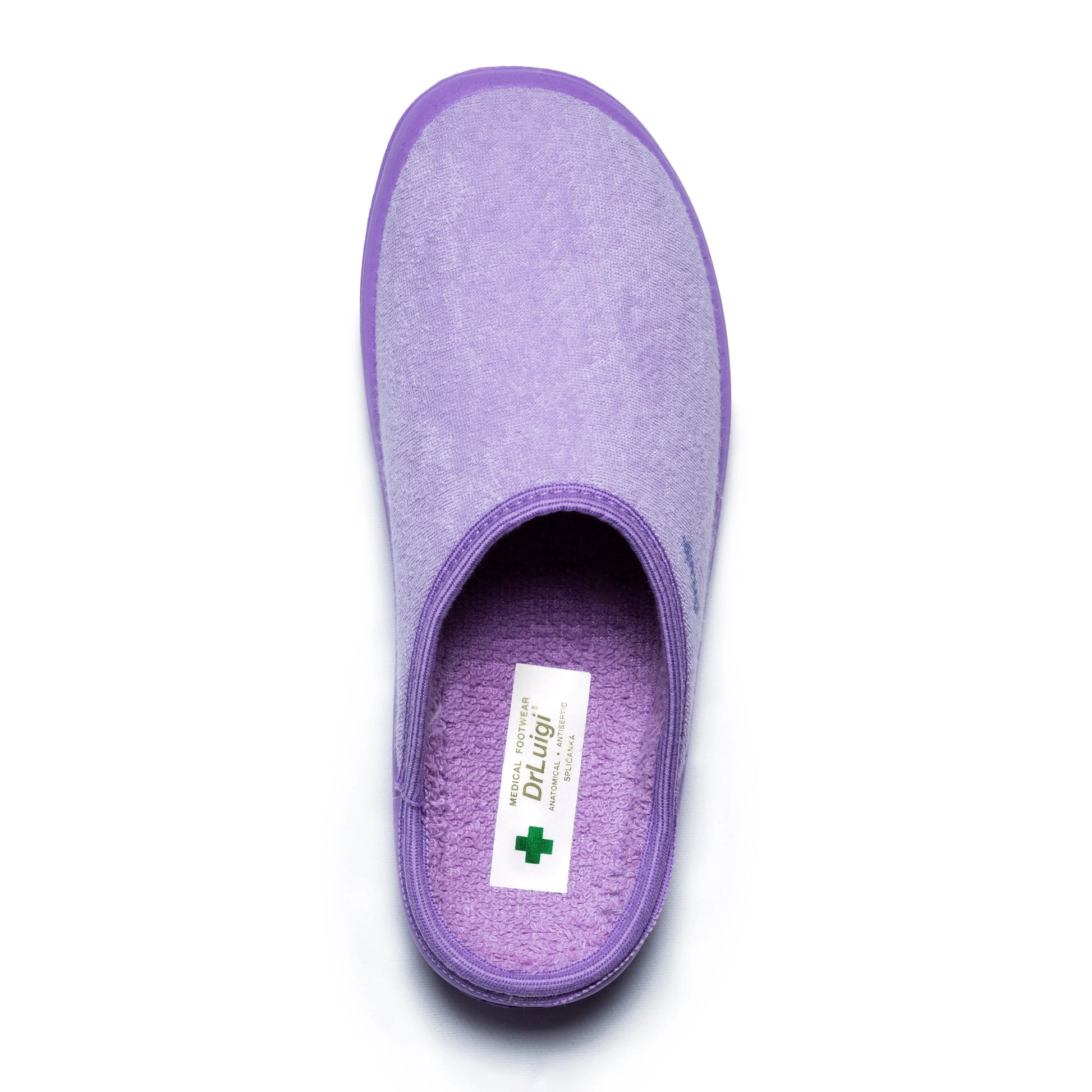 Purple medical comfort slipper for healthcare, soft fabric, slip-on style, top view