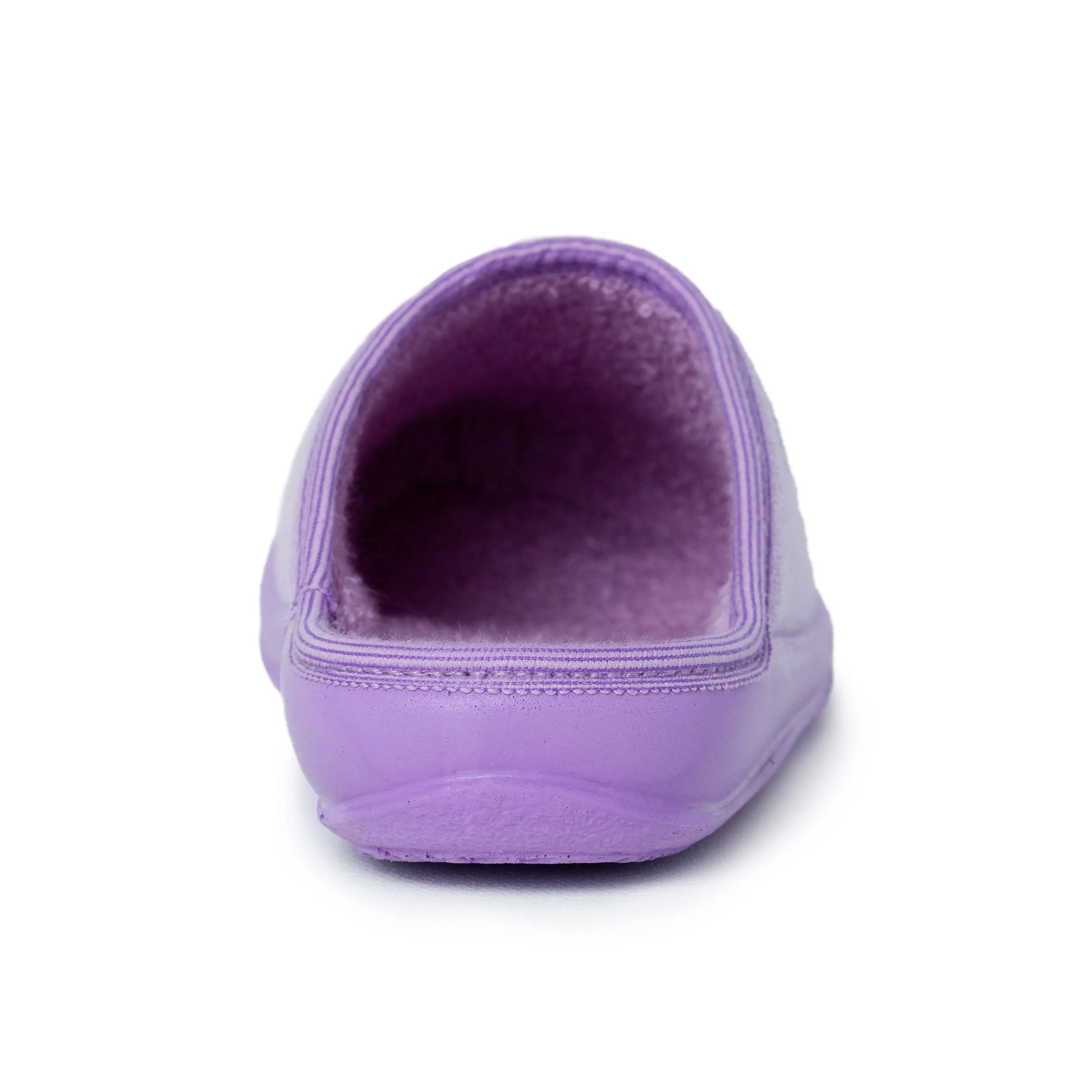 Purple slip-on medical slipper with soft lining, rear view on white background