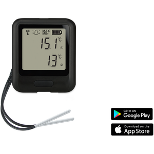 EasyLog 21CFR-compatible dual-channel WiFi thermistor probe data logger with display and sensors for temperature monitoring.