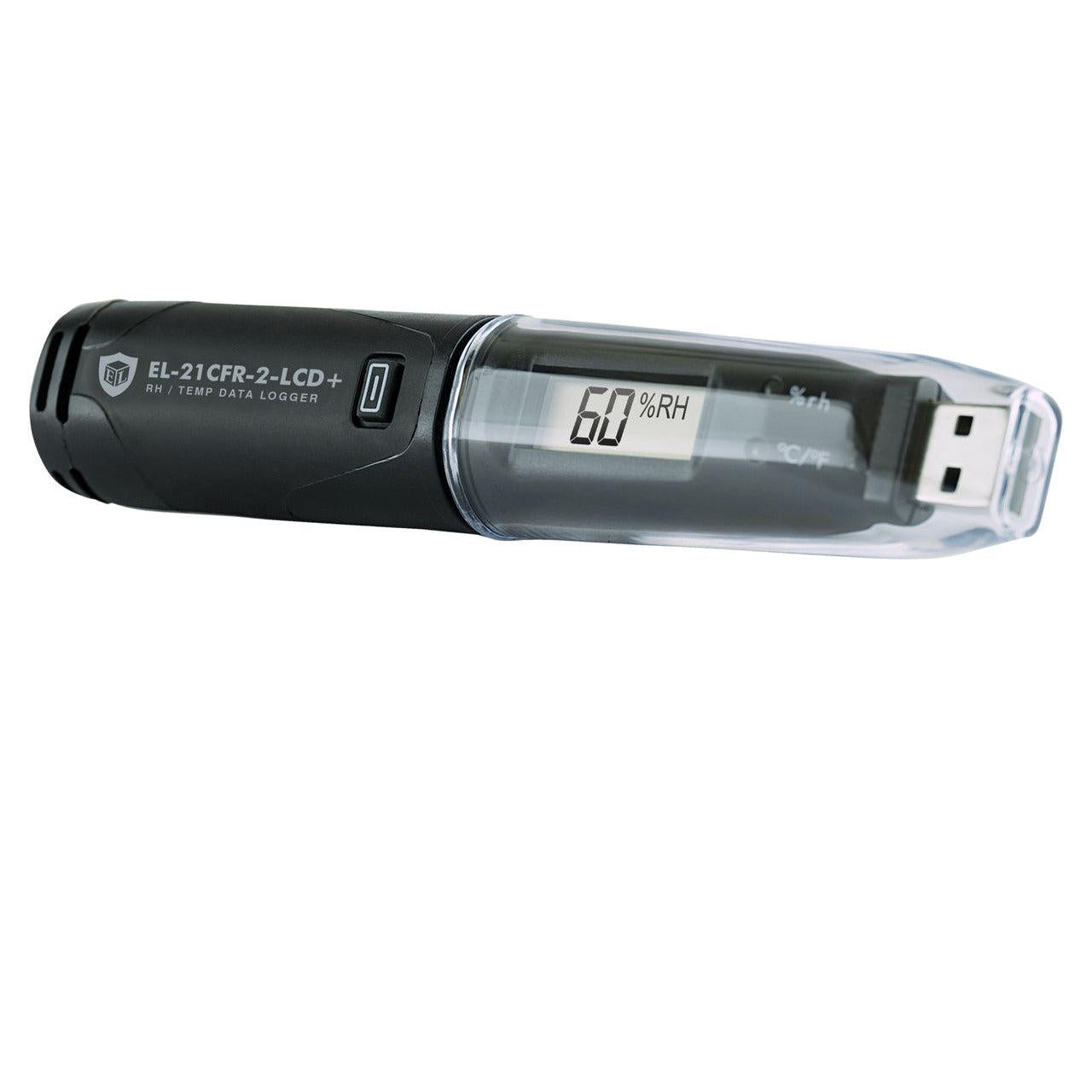 EasyLog 21CFR-compatible temperature and humidity data logger with LCD display, high accuracy, and compact design for monitoring.