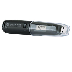 EasyLog 21CFR-compatible temperature and humidity data logger with LCD display, high accuracy, and compact design for monitoring.