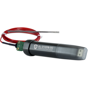 EasyLog 21CFR-compatible K, J, and T-type thermocouple data logger with digital display and connection ports.