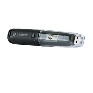 EasyLog 21CFR-compatible temperature and humidity data logger with LCD display showing readings and data interface.