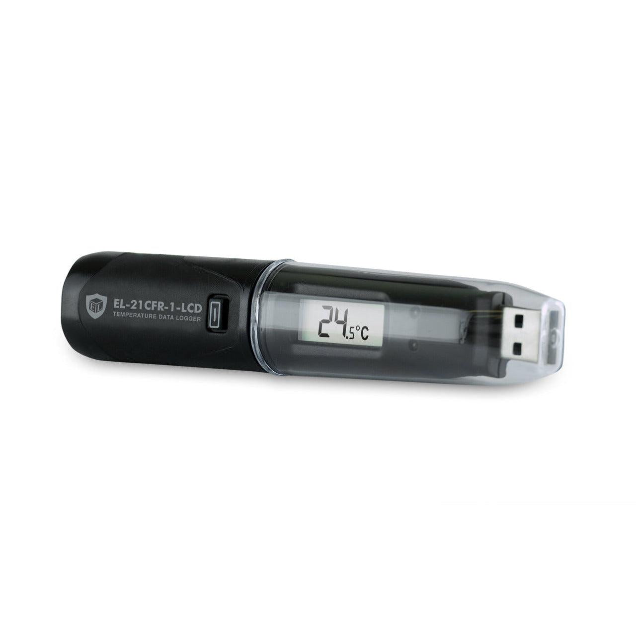 EasyLog 21CFR temperature data logger with digital display, showing device screen and temperature readings for monitoring.