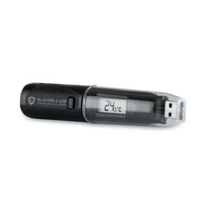 EasyLog 21CFR temperature data logger with digital display, showing device screen and temperature readings for monitoring.