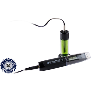 EasyLog 21CFR USB data logger with glycol probe showing calibration certificate for 2°C and 8°C temperature recording.