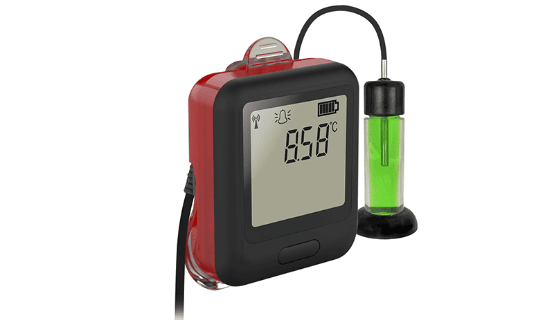 EasyLog EL-WiFi-VACX vaccine data logger with glycol probe, alarm light, and sounder, shown at an angled view.